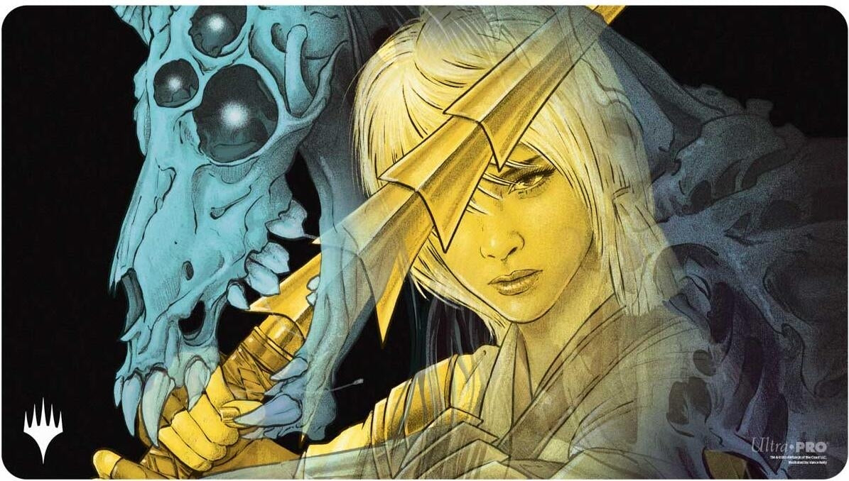 Image for Duskmourn Playmat for Magic: The Gathering - Alt Art Key Character Mythic 1 (The Wandering Rescuer - Double Exposure Alt) - Playmats
