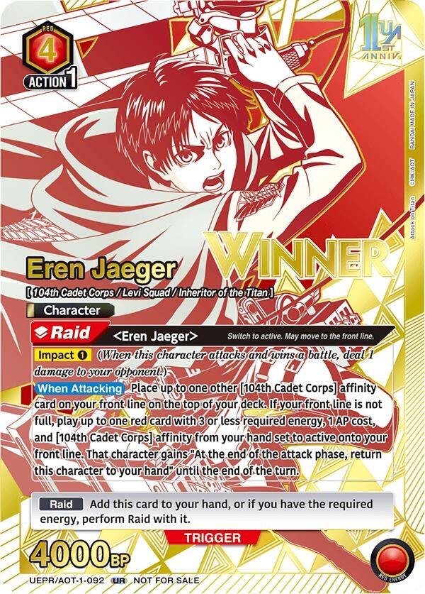 Image for Eren Jaeger (092) (Winner) (UEPR/AOT-1-092) (Union Arena Promotion Cards) (UEPR) - Union Arena