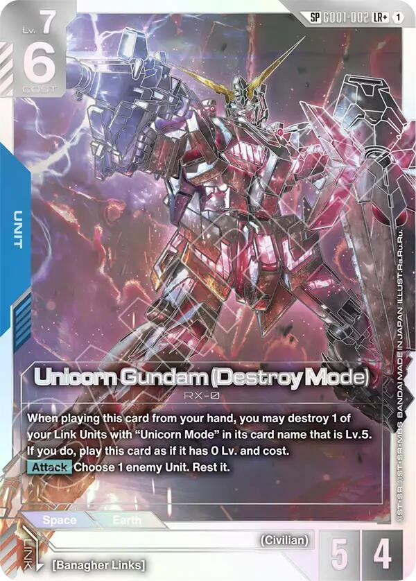 Image for Unicorn Gundam (Destroy Mode) (SP) (LR+) (GD01-002) (Phantom Aria) (GD04) - Gundam Card Game