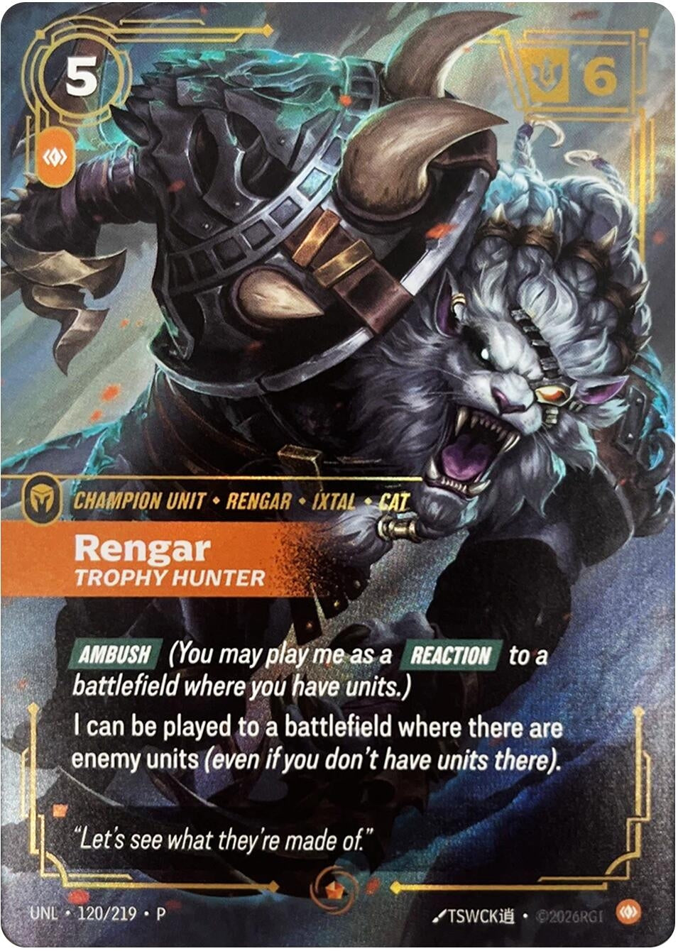 Image for Rengar - Trophy Hunter (120/219) (Riftbound Organized Play Promotional Cards) (OPP) - Riftbound: League of Legends Trading Card Game