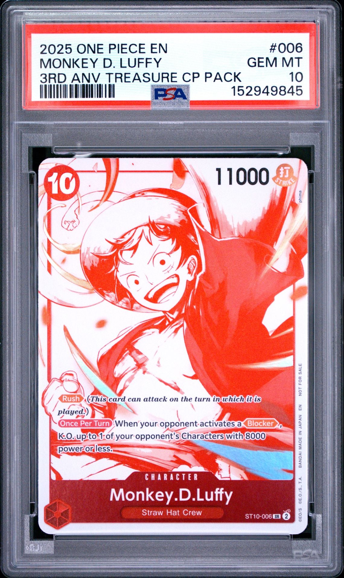 MONKEY D. LUFFY 2025 ONE PIECE 3RD ANNIVERSARY! ONE PIECE CARD TREASURE CAMPAIGN PACK PSA GEM MT 10