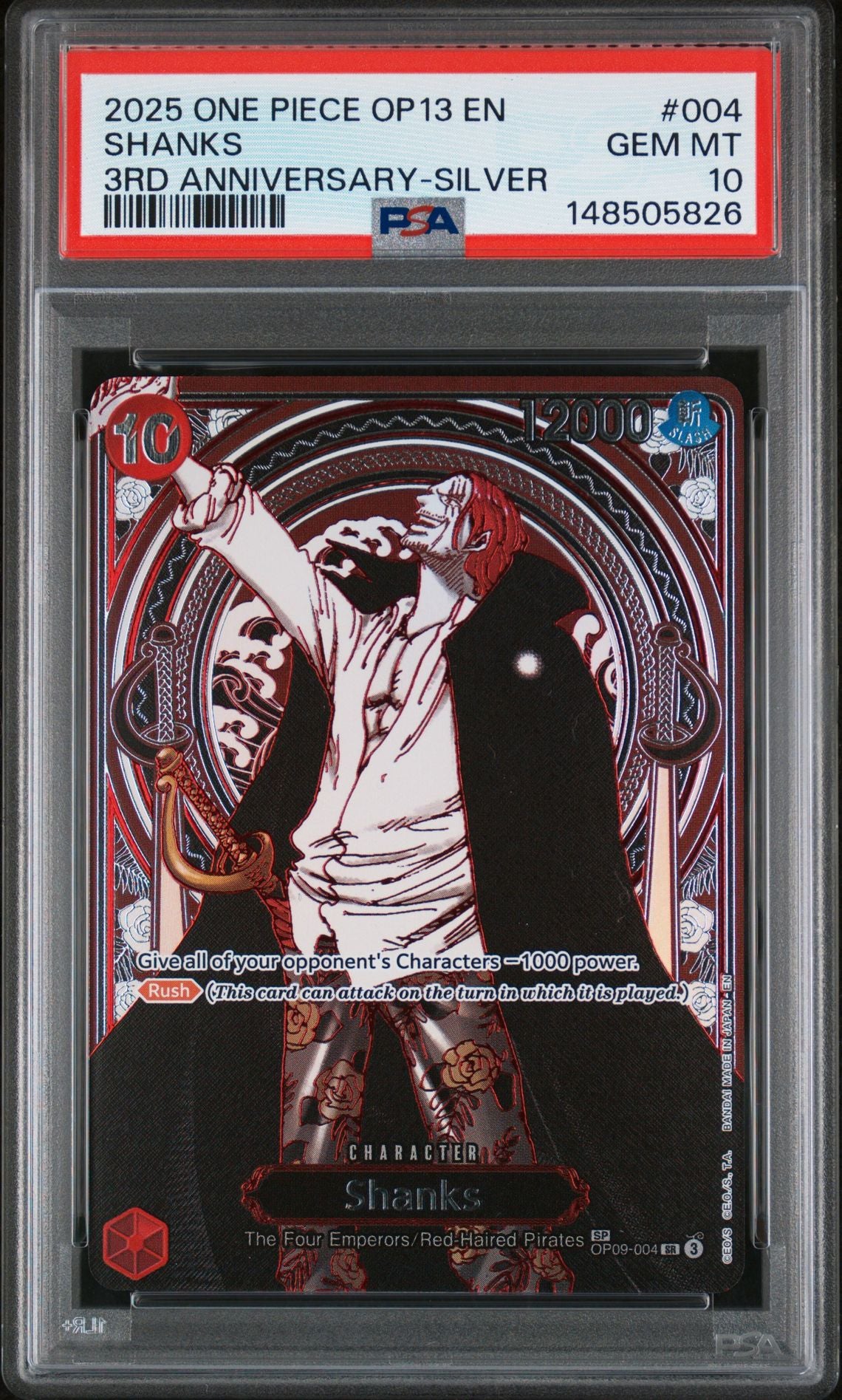 SHANKS 3RD ANNIVERSARY-SILVER 2025 ONE PIECE OP13-CARRYING ON HIS WILL PSA GEM MT 10