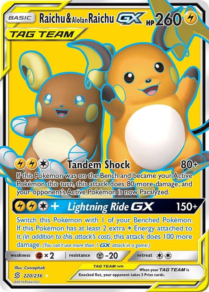 Image for Raichu & Alolan Raichu GX (Full Art) (220/236) (SM - Unified Minds) (SM11) - Pokemon