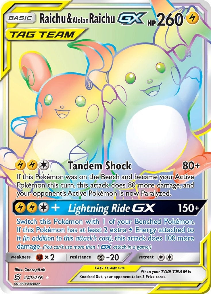 Image for Raichu & Alolan Raichu GX (Secret) (241/236) (SM - Unified Minds) (SM11) - Pokemon