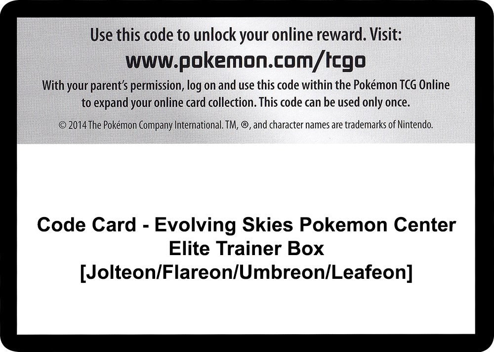 Image for Code Card - Evolving Skies Pokemon Center Elite Trainer Box [Jolteon/Flareon/Umbreon/Leafeon] (SWSH07: Evolving Skies) (SWSH07) - Pokemon