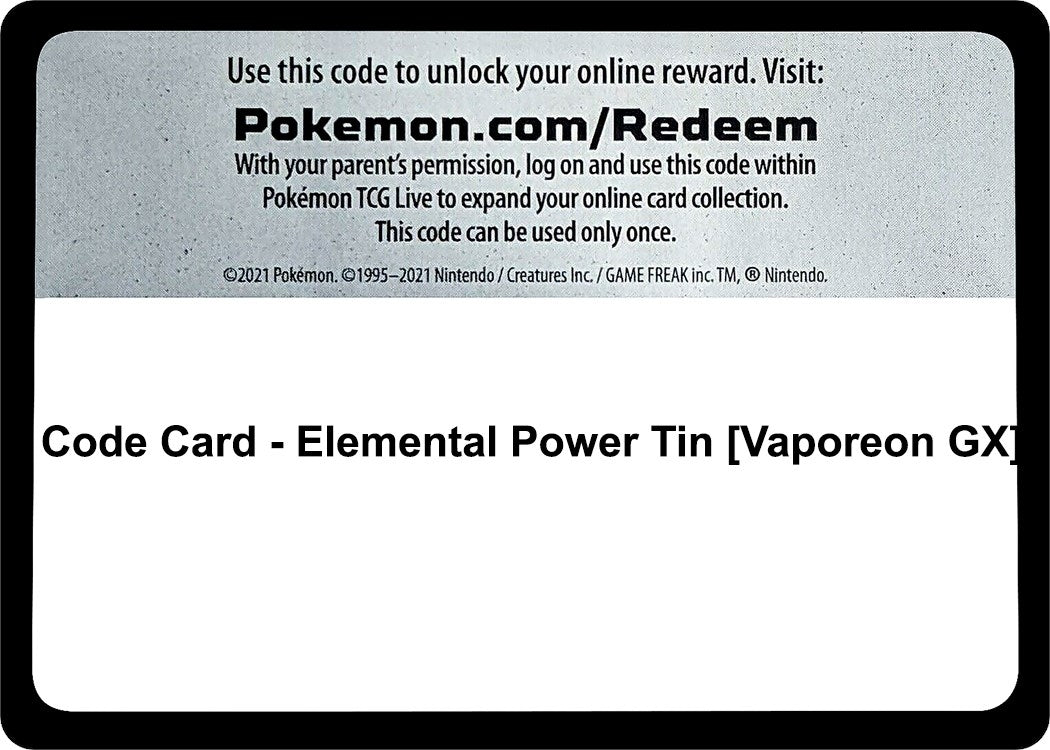 Image for Code Card - Elemental Power Tin [Vaporeon GX] (Miscellaneous Cards & Products) (MCAP) - Pokemon