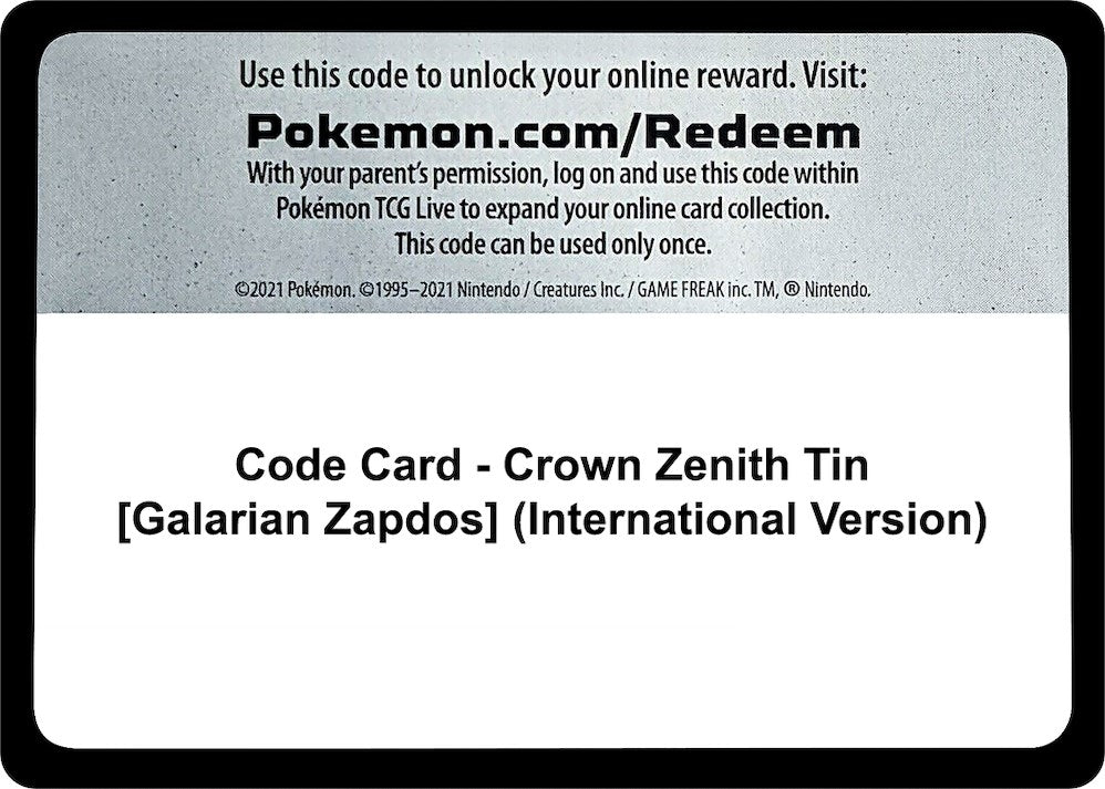Image for Code Card - Crown Zenith Tin [Galarian Zapdos] (International Version) (SWSH: Crown Zenith) - Pokemon