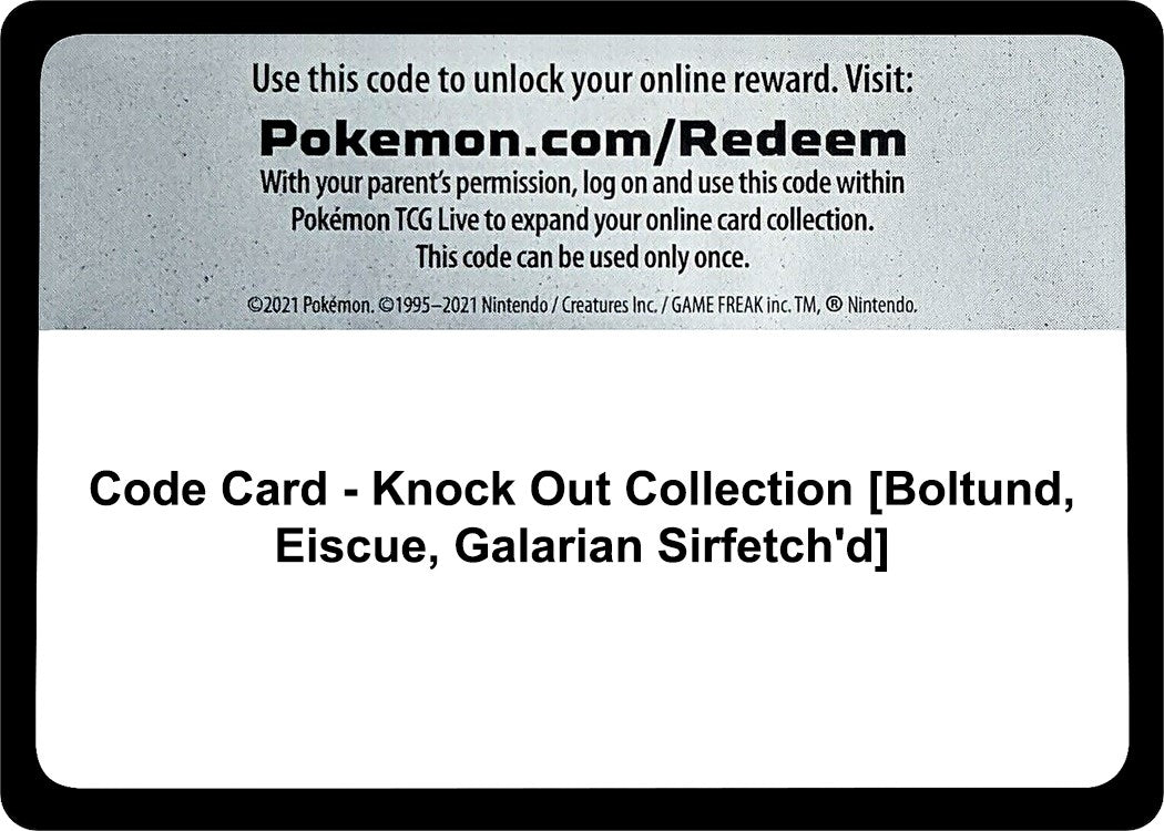 Image for Code Card - Knock Out Collection [Boltund, Eiscue, Galarian Sirfetch'd] (Miscellaneous Cards & Products) (MCAP) - Pokemon
