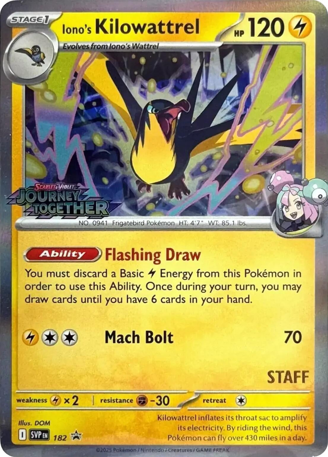 Image for Iono's Kilowattrel - 182 (Prerelease) [Staff] (182) (SV: Scarlet & Violet Promo Cards) (SVP) - Pokemon