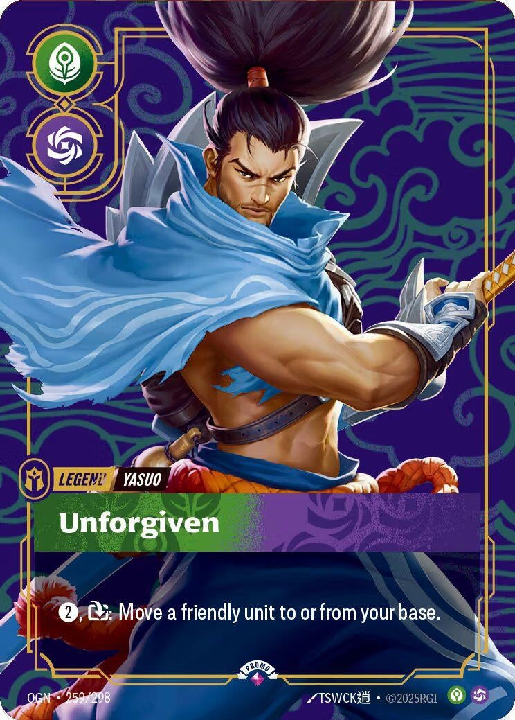 Image for Yasuo - Unforgiven (Metal) (Best Of) (259/298) (Riftbound Organized Play Promotional Cards) (OPP) - Riftbound: League of Legends Trading Card Game