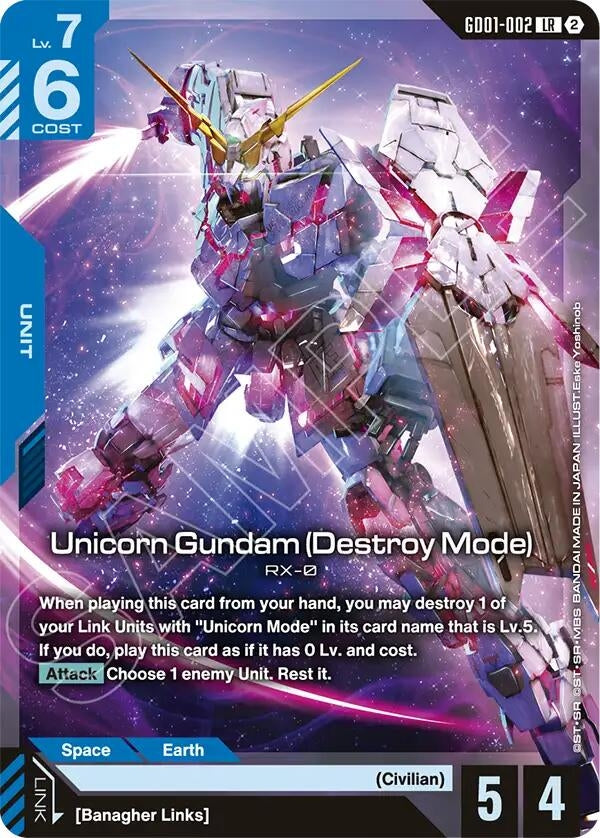 Image for Unicorn Gundam (Destroy Mode) (GD01-002) (Deck Build Box Freedom Ascension) (SC01) - Gundam Card Game