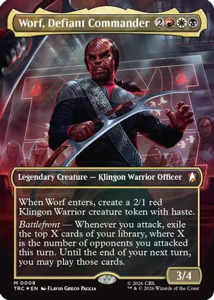Worf, Defiant Commander (Borderless) (Surge Foil) (TRC-008) [Commander: Star Trek] Foil - PokeBox USA