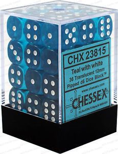Chessex: Translucent Teal/White 12mm d6 Dice Block (36 dice)