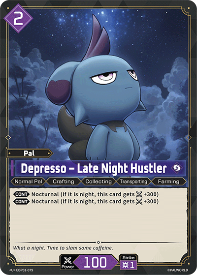 Image for Depresso – Late Night Hustler (EBP01-079) (Dawn of Palpagos) (EBP01) - Palworld Official Card Game