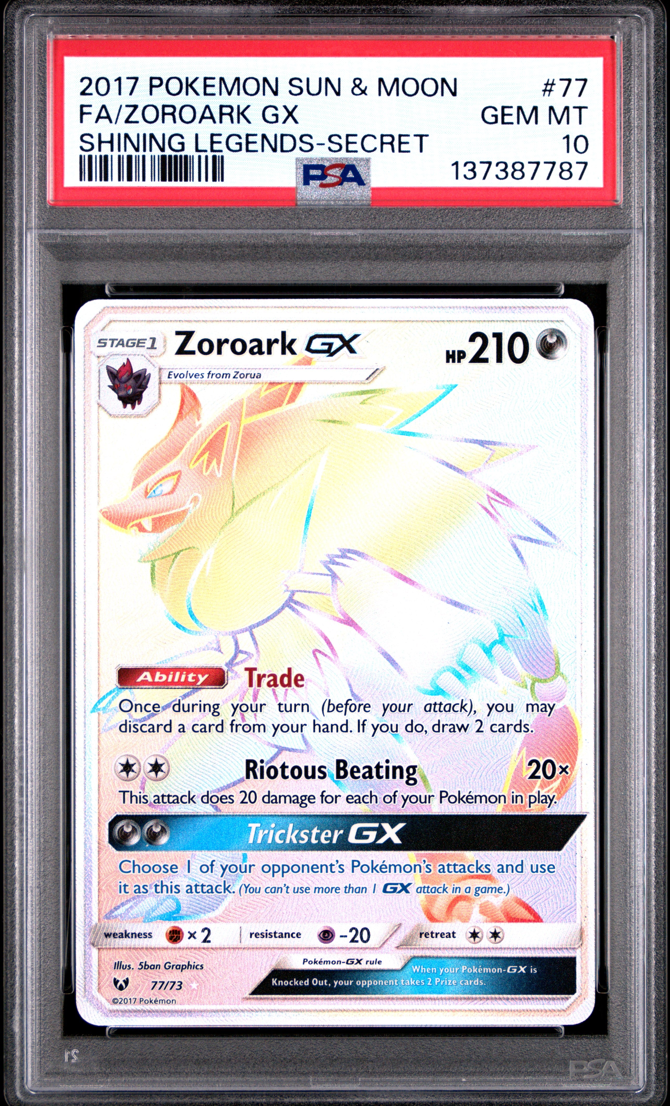 ZOROARK GX SHINING LEGENDS-SECRET 2017 POKEMON SUN & MOON SHINING LEGENDS PSA GEM MT 10 - PokeBox USA