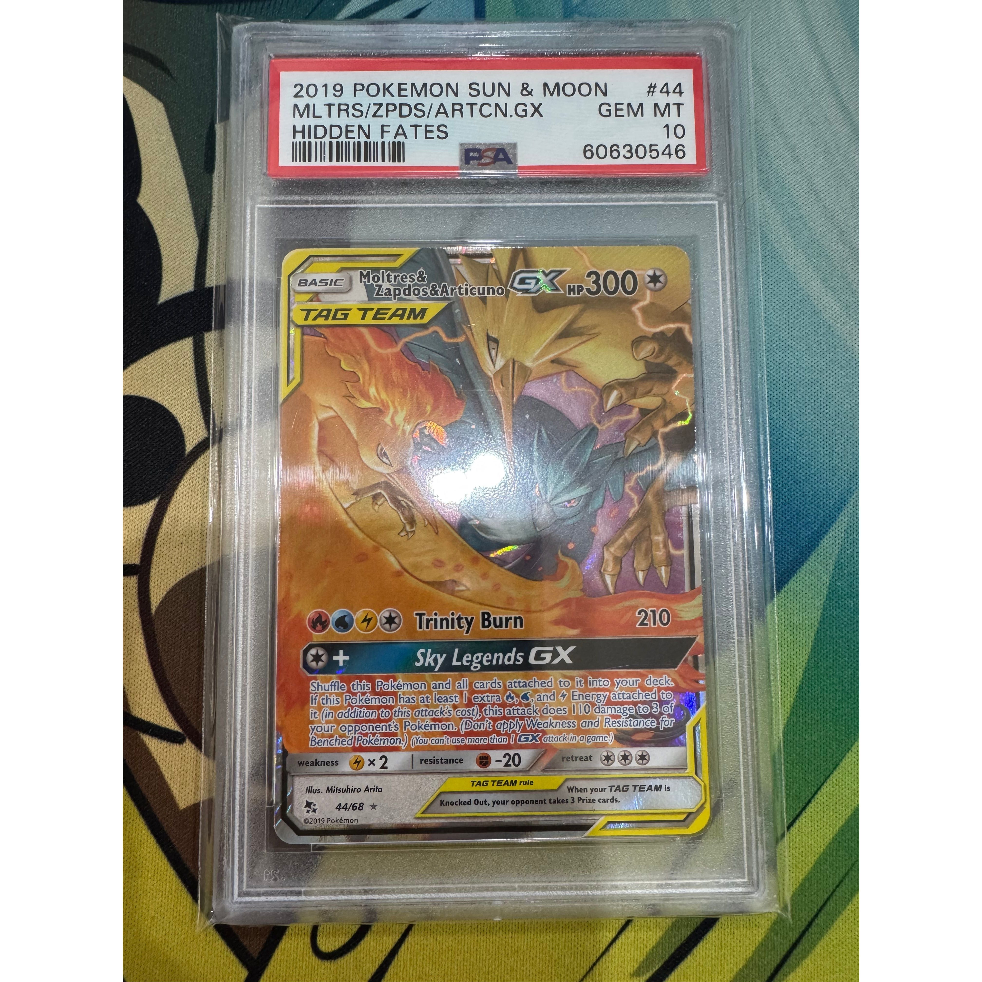 MOLTRES & ZAPDOS & ARTICUNO GX HIDDEN FATES 2019 POKEMON SUN & MOON HIDDEN FATES PSA GEM MT 10 - PokeBox USA