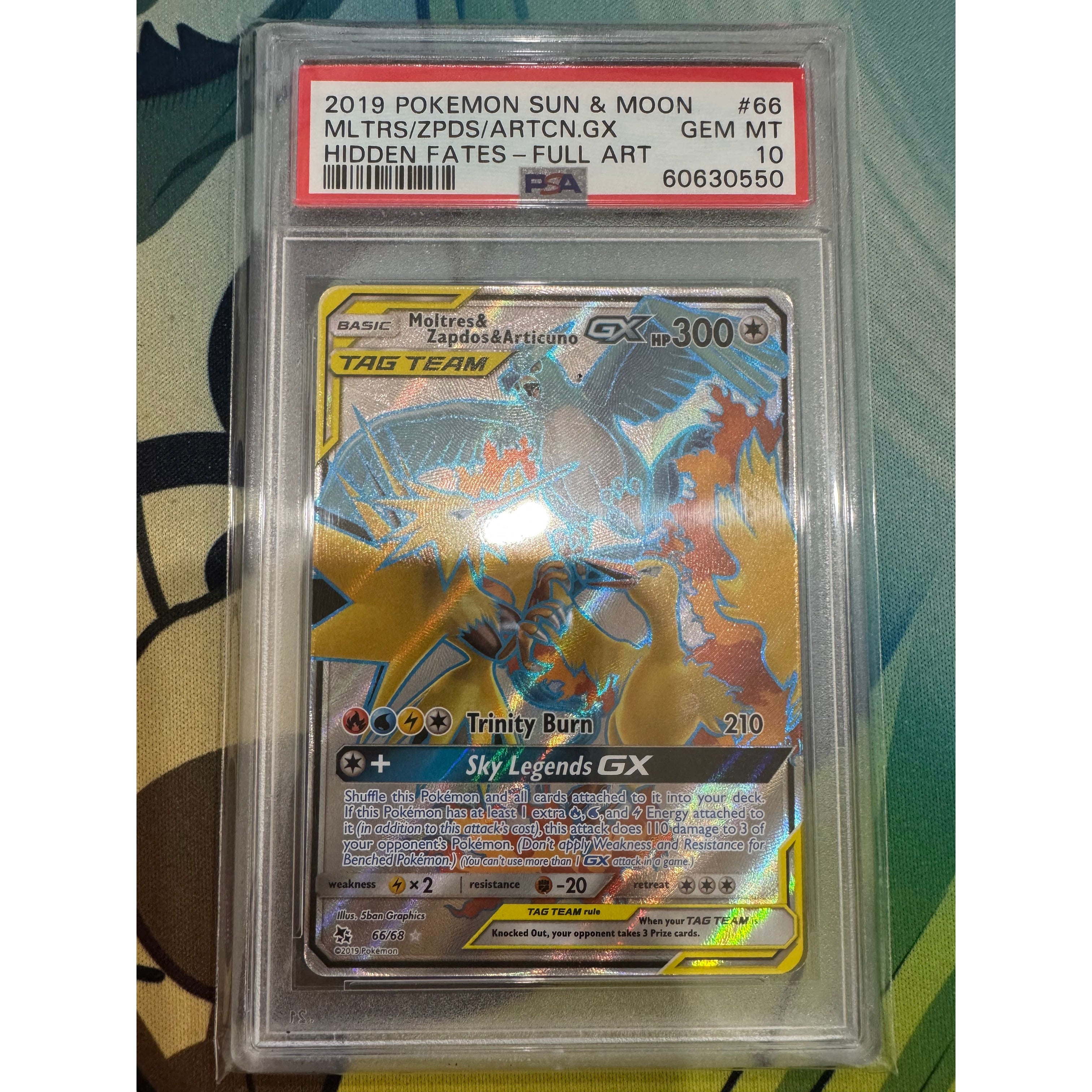 MOLTRES & ZAPDOS & ARTICUNO GX HIDDEN FATES-FULL ART 2019 POKEMON SUN & MOON HIDDEN FATES PSA GEM MT 10 - PokeBox USA
