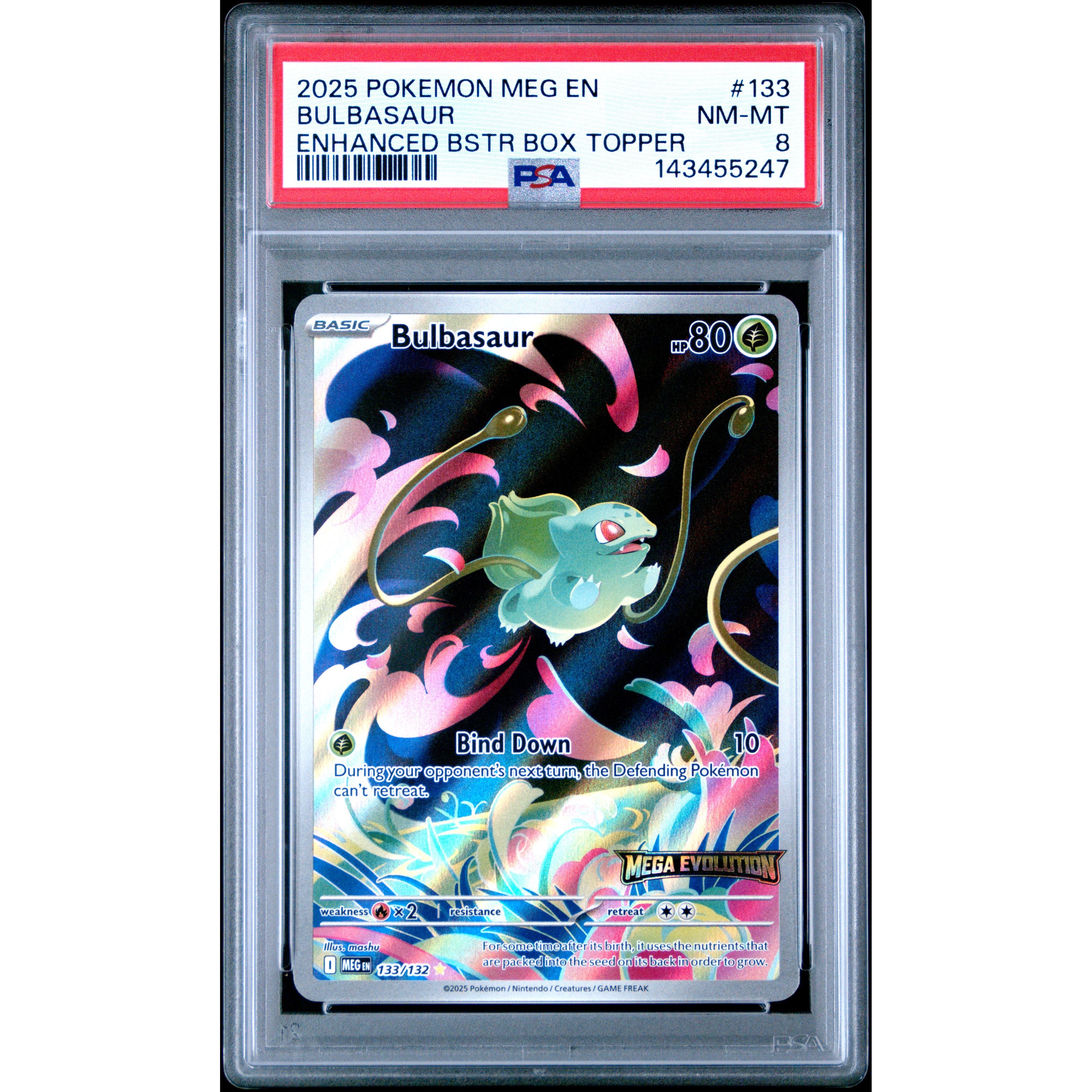 2025 POKEMON MEG EN-MEGA EVOLUTION #133 BULBASAUR ENHANCED BSTR BOX TOPPER PSA NM-MT 8 - PokeBox USA