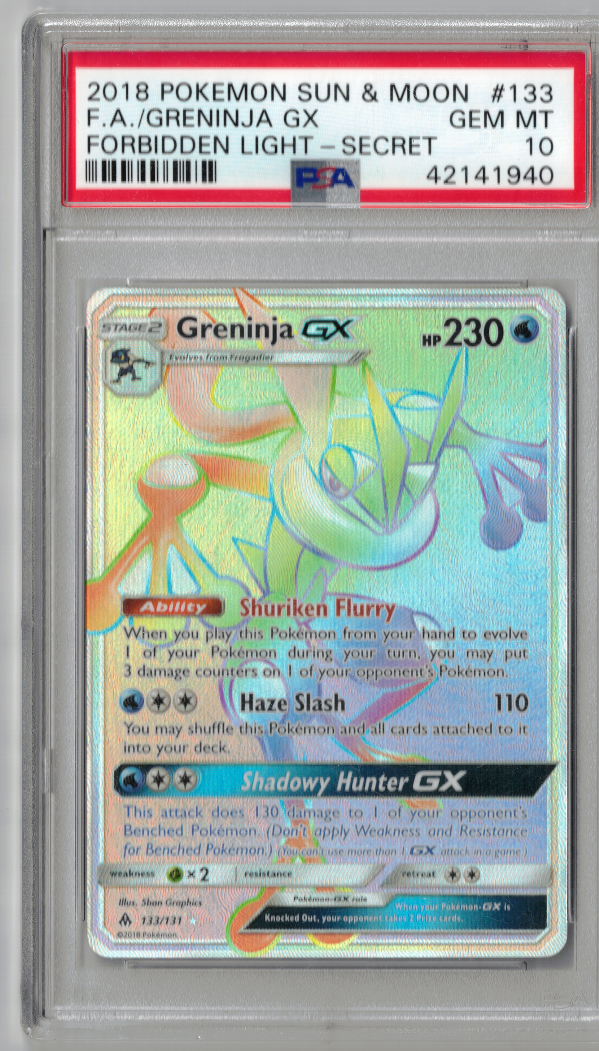 FA/GRENINJA GX FORBIDDEN LIGHT-SECRET 2018 POKEMON SUN & MOON FORBIDDEN LIGHT PSA GEM MT 10