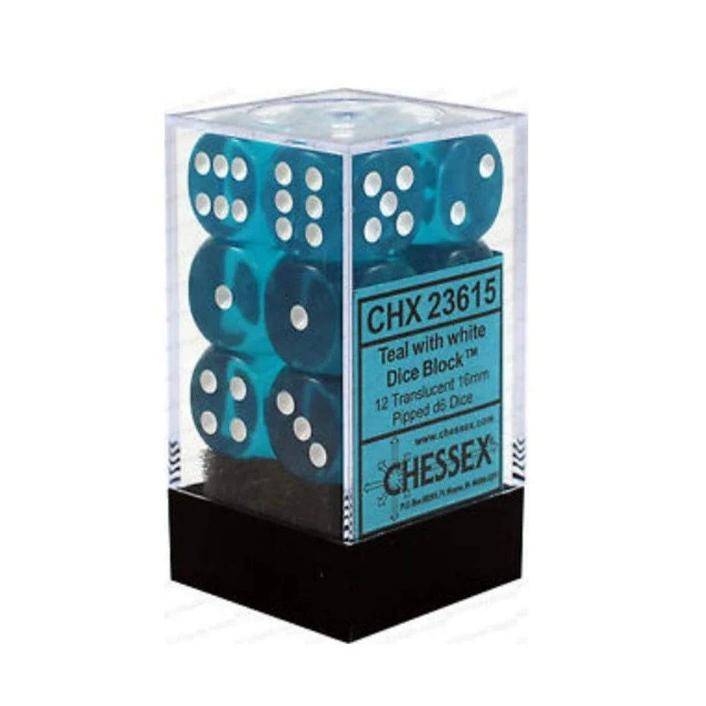 Chessex: Translucent Teal/White 16mm d6 Dice Block (12 dice)
