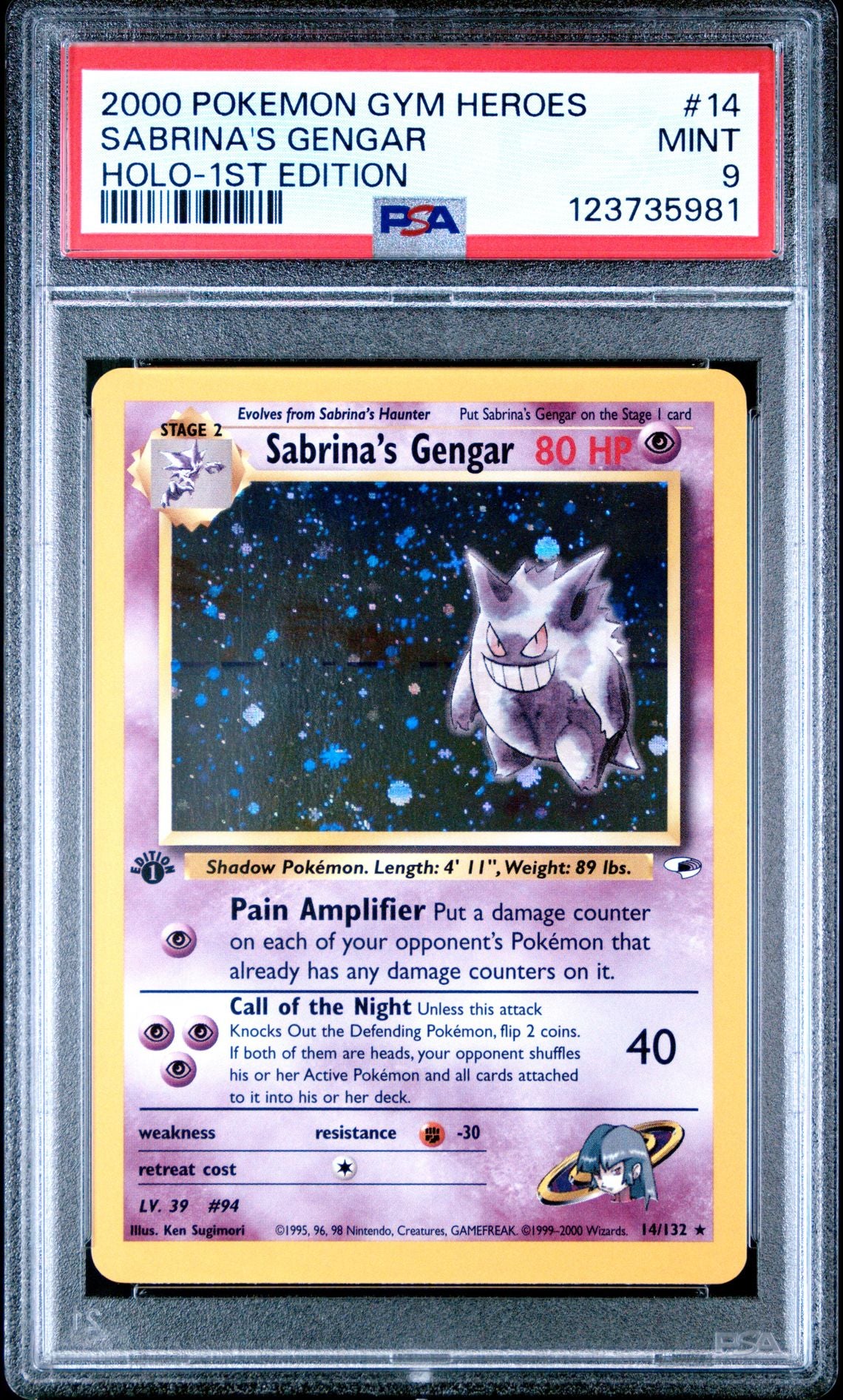 SABRINA'S GENGAR HOLO-1ST EDITION 2000 POKEMON GYM HEROES PSA MINT 9