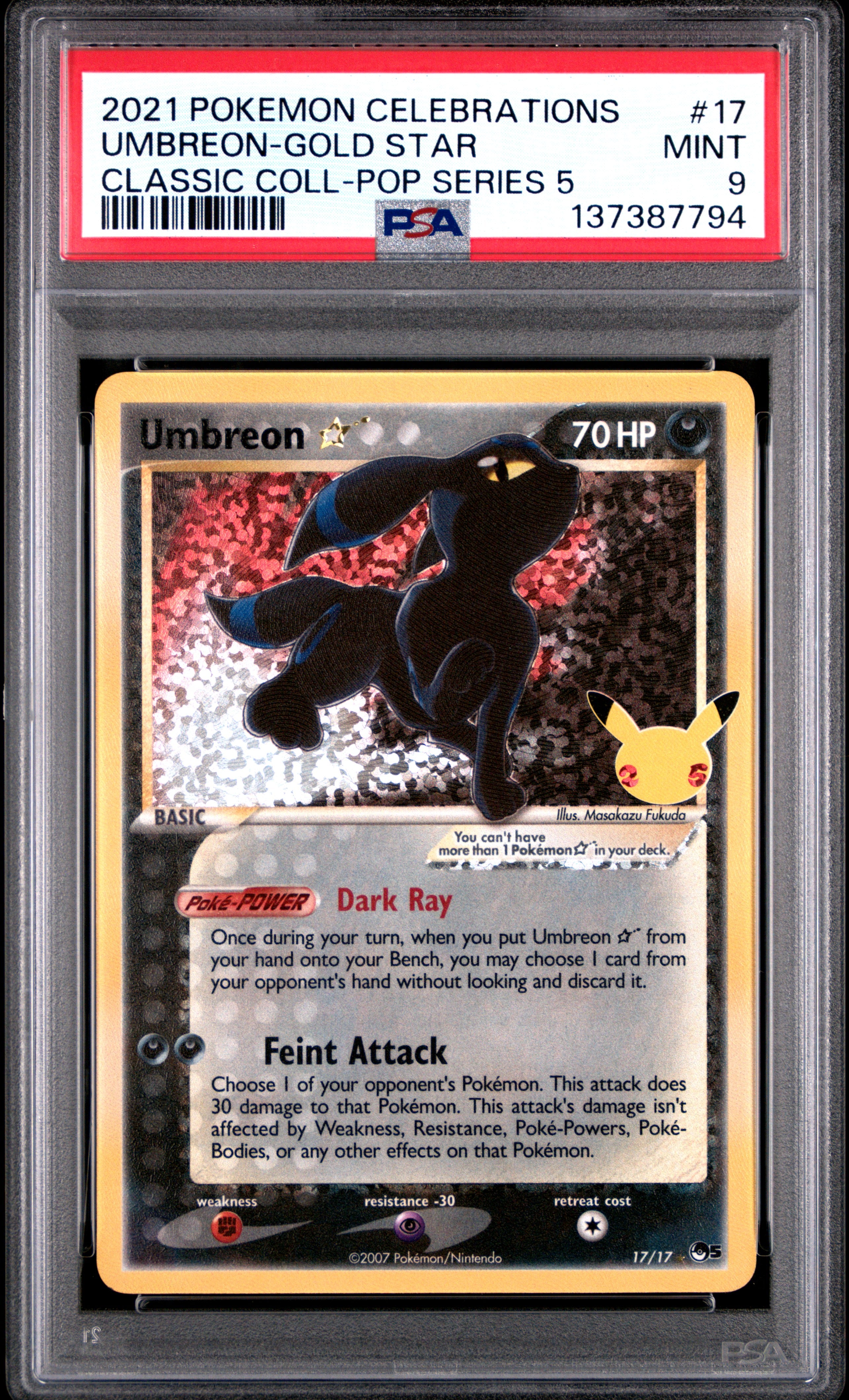UMBREON-GOLD STAR CLASSIC COLL-POP SERIES 5 2021 POKEMON CELEBRATIONS CLASSIC COLLECTION PSA MINT 9 - PokeBox USA