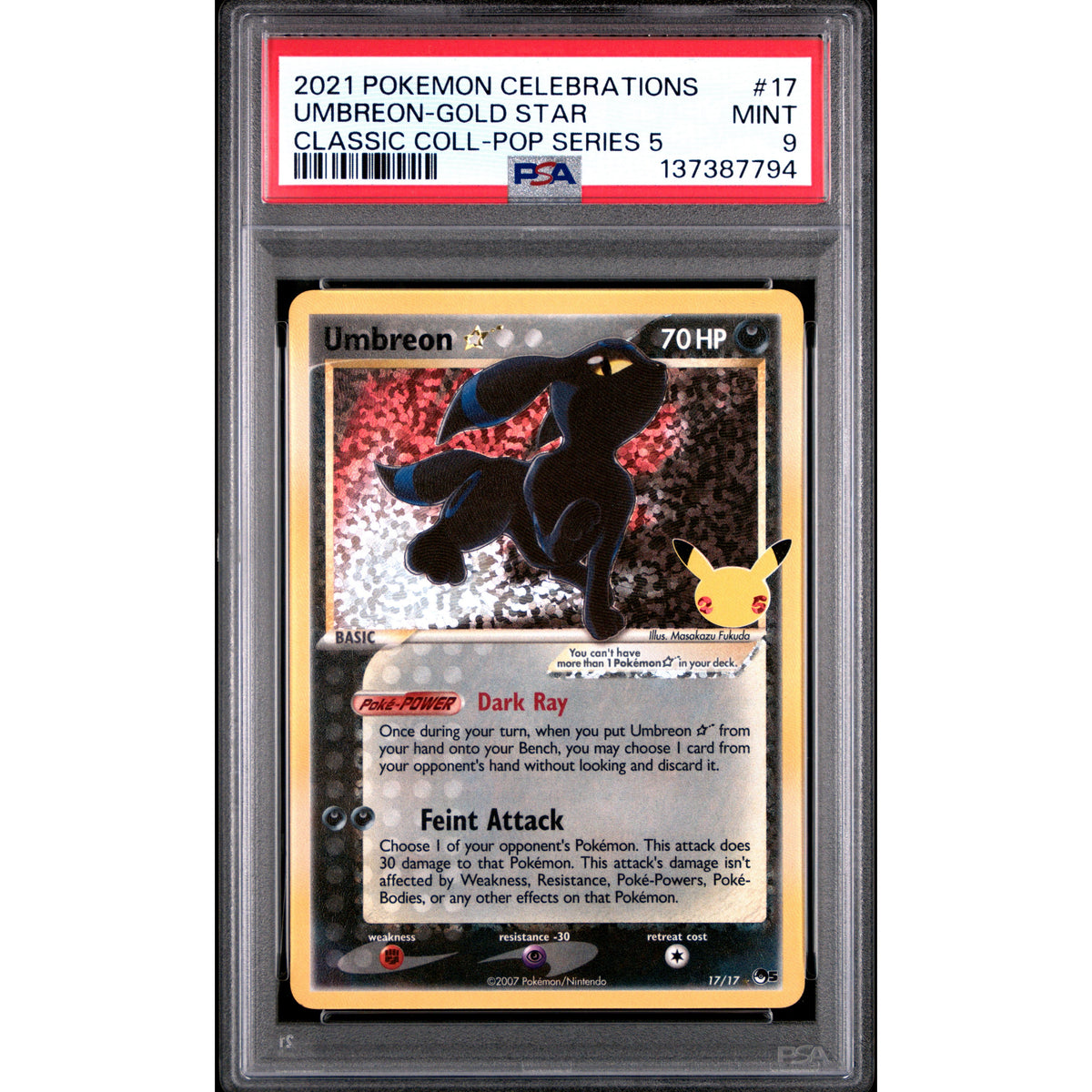 UMBREON-GOLD STAR CLASSIC COLL-POP SERIES 5 2021 POKEMON CELEBRATIONS CLASSIC COLLECTION PSA MINT 9 - PokeBox USA