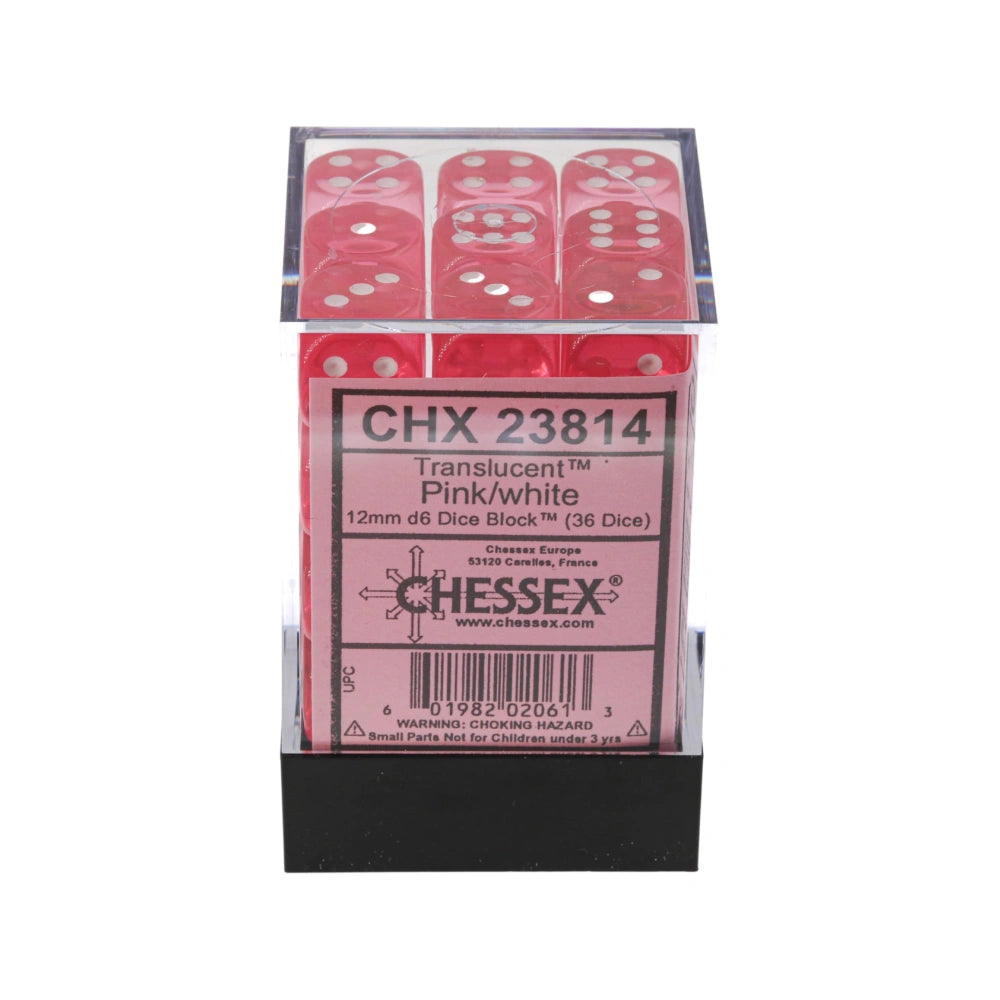 Chessex: Translucent Pink/White 12mm d6 Dice Block (36 dice)