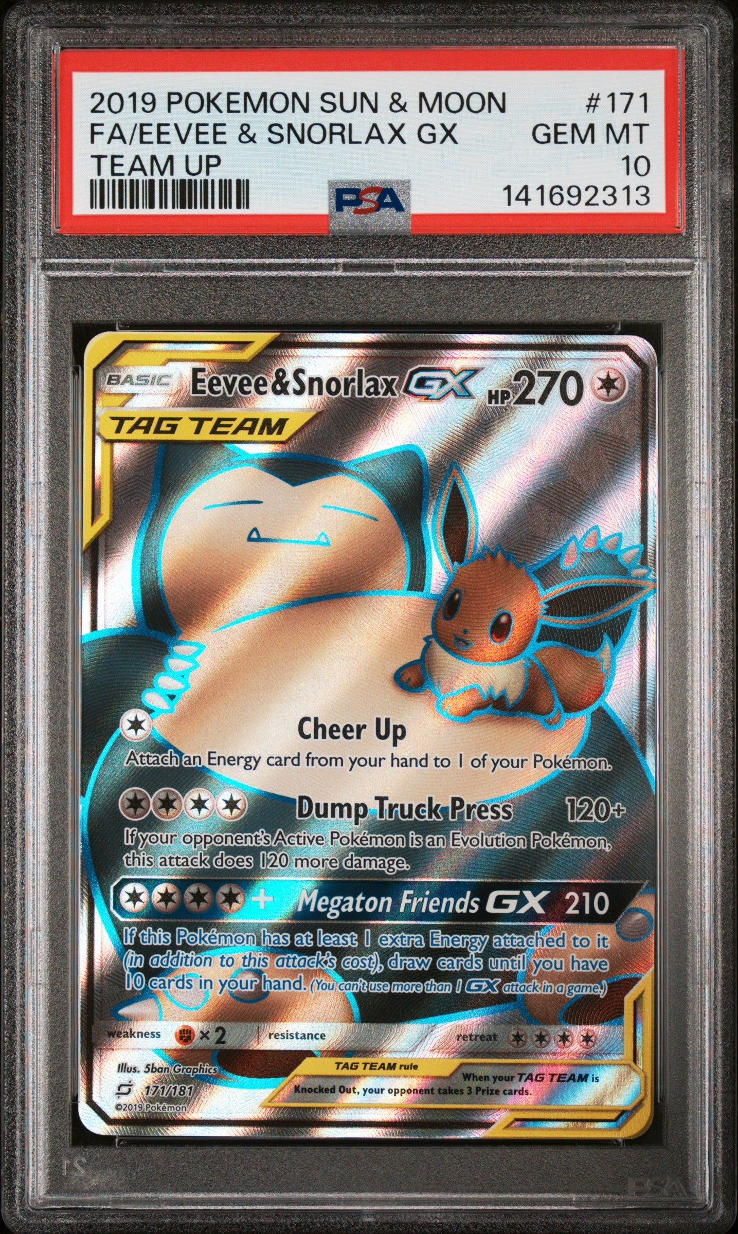 FA/EEVEE & SNORLAX GX TEAM UP 2019 POKEMON SUN & MOON TEAM UP PSA GEM MT 10