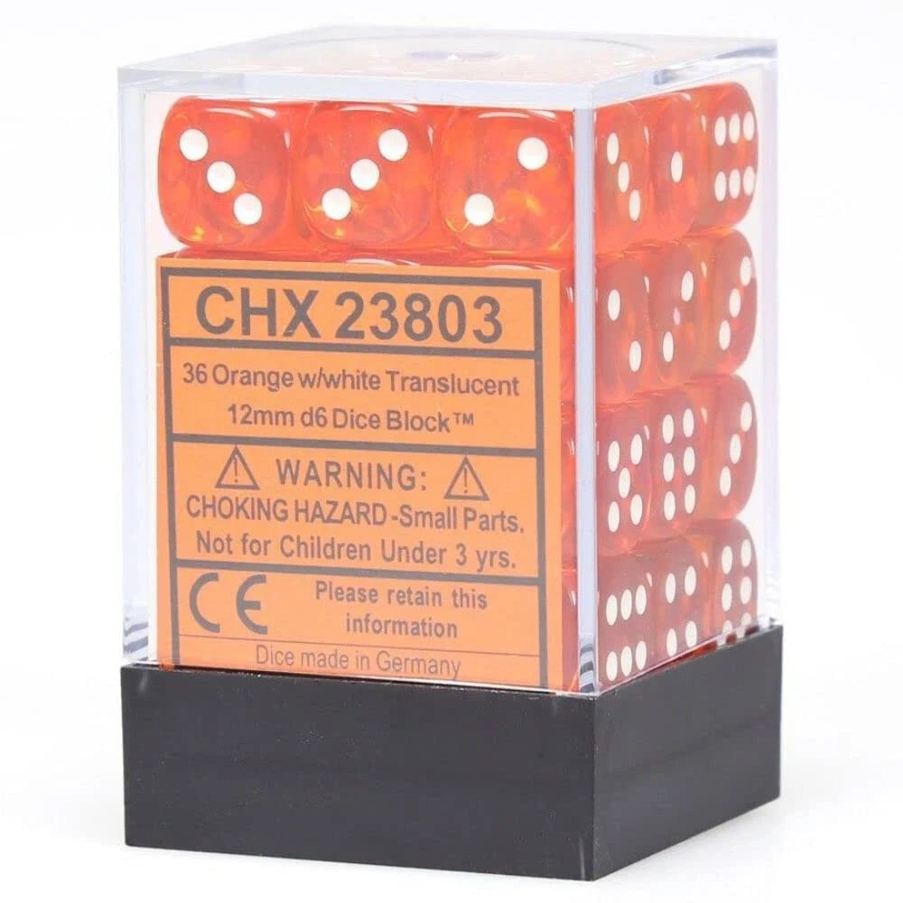Chessex: Translucent Orange/White 12mm d6 Dice Block (36 dice)